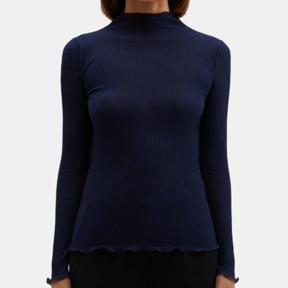 NEW THEORY Funnel Neck Tee Silk-Cotton Women TOP Long Sleeve Blouse MEDIUM - Picture 1 of 4